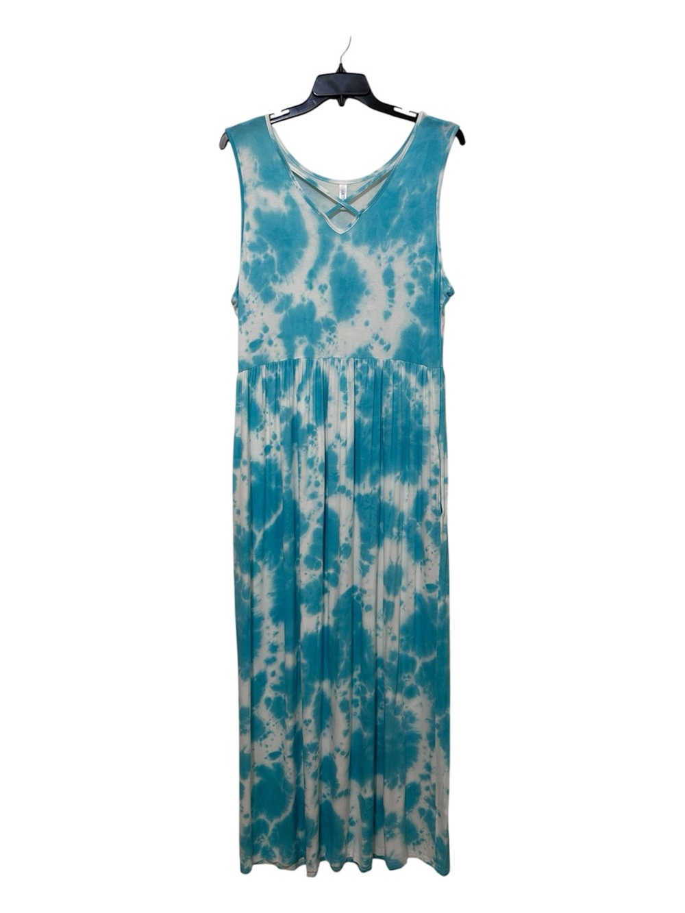 Lilbetter Tie Dye Maxi Dress 3XL Aqua Blue White Criss Cross V-Neck Plus Size